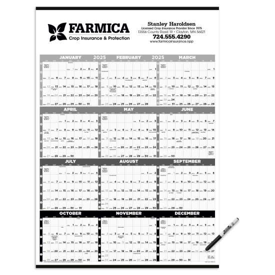 Black & White Time Management Span-A-Year Laminated w/Marker